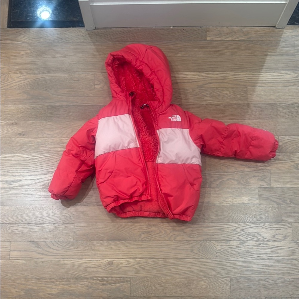 Red and Pink Hooded Puffer Jacket
